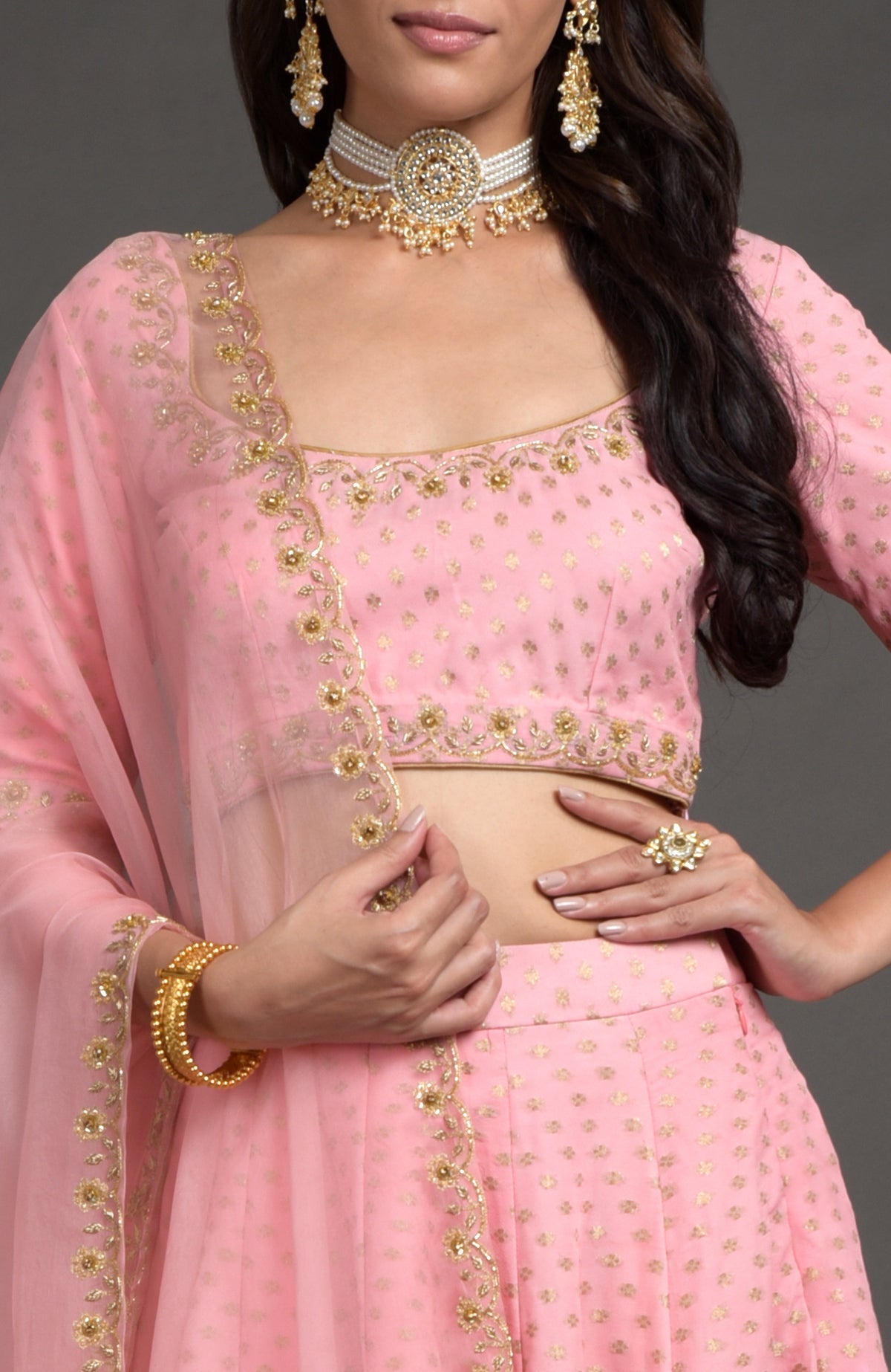 Strawberry pink Benarasi lehenga set with gold zardozi embroidery and bead crystal floral details