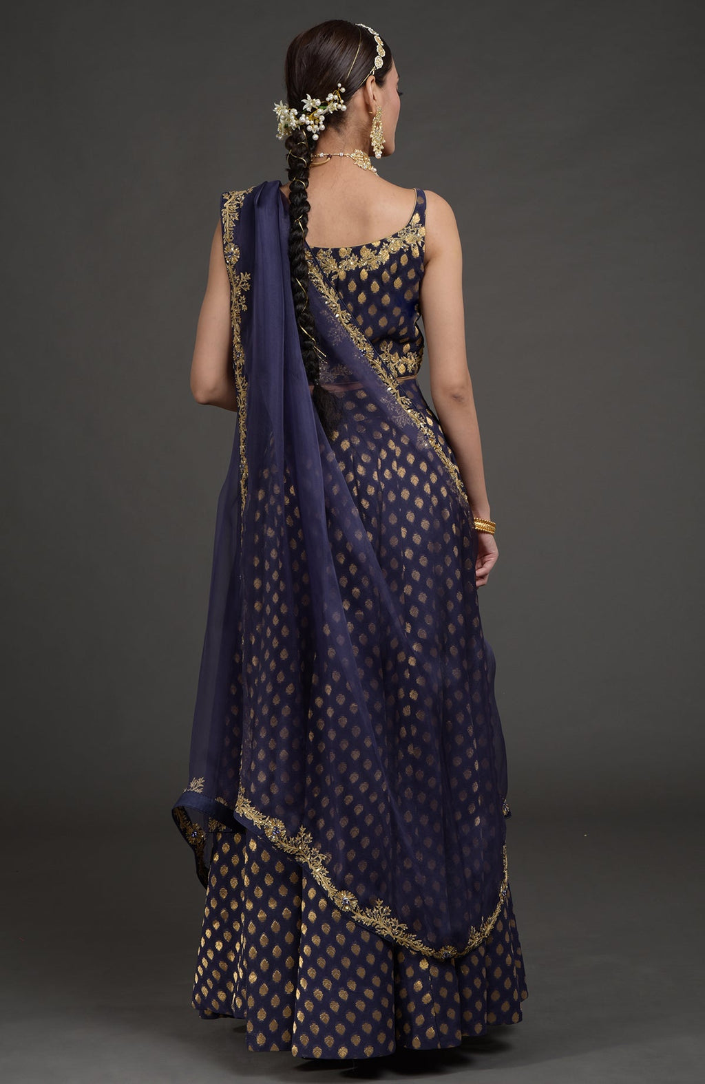 Eclipse Blue lehenga set with gold Benares weave and floral zardozi embroidery on blouse and dupatta