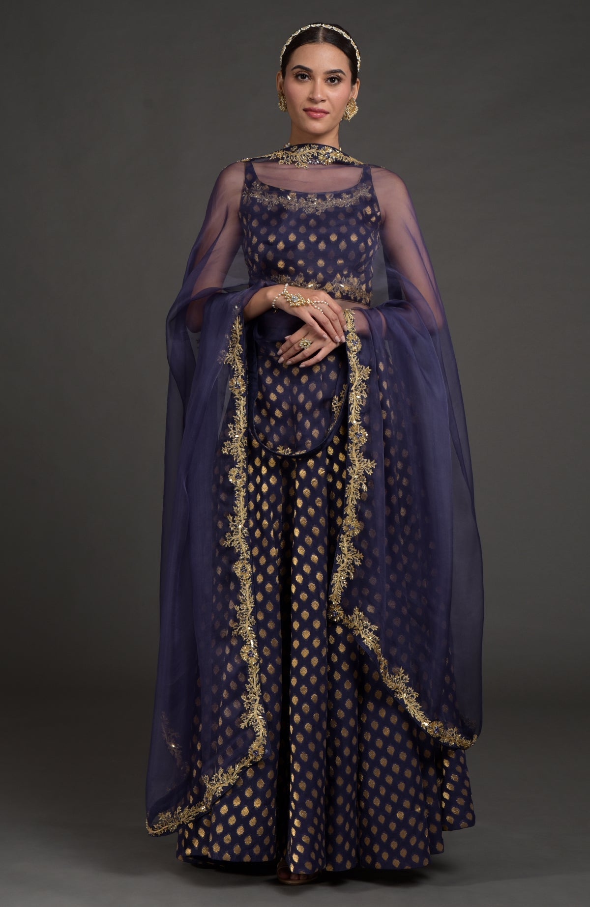 Eclipse blue lehenga set with gold Benares weave and zardozi floral hand embroidery