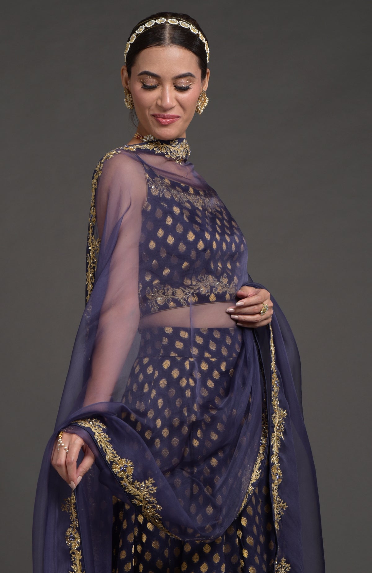 Eclipse blue lehenga set with gold Benares weave and zardozi floral hand embroidery