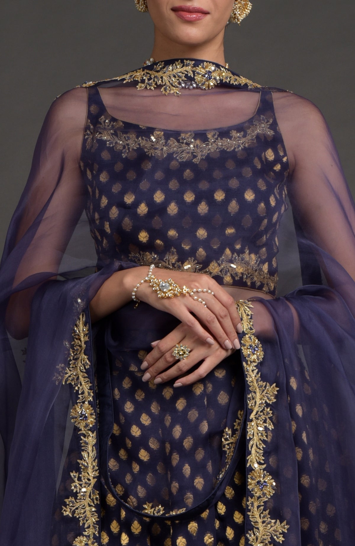 Eclipse Blue lehenga set with gold Benares weave and floral zardozi embroidery on blouse and dupatta