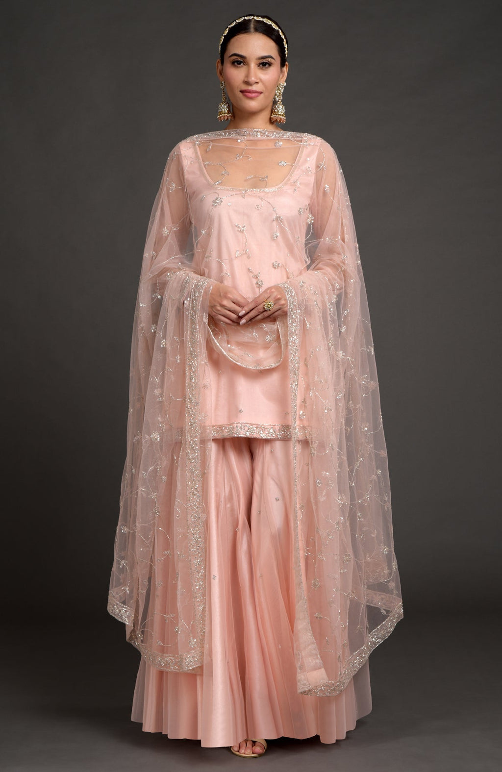 Nude pink tulle sharara set with zardozi embroidery and sheer sleeves with floral dupatta.