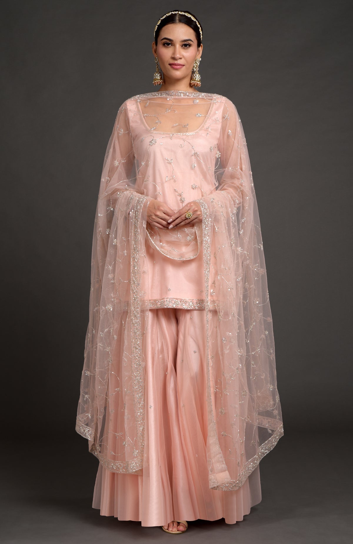 Nude pink tulle sharara set with zardozi embroidery and sheer sleeves with floral dupatta.