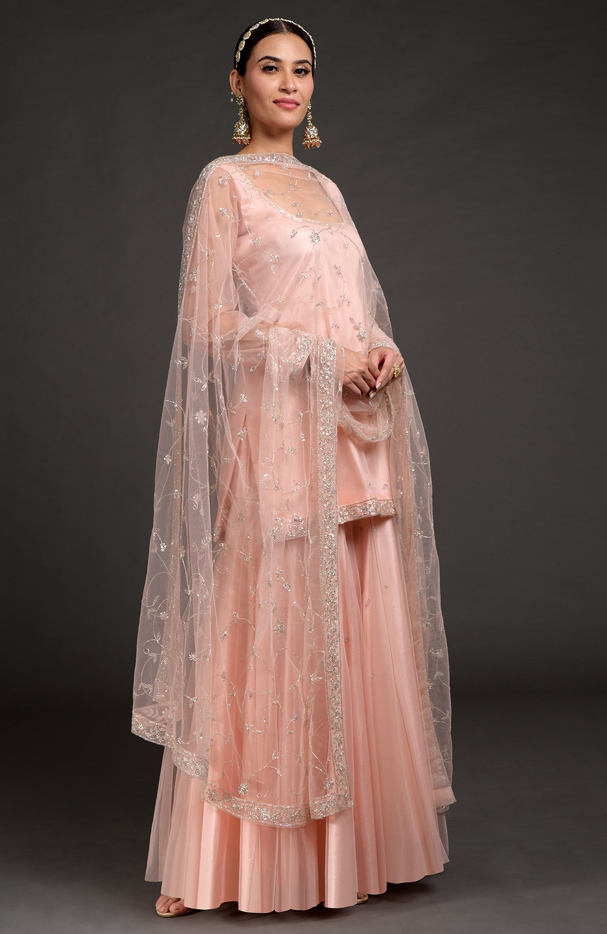 Nude pink tulle sharara set with zardozi embroidery on kurta, sleeves, sharara, and dupatta.