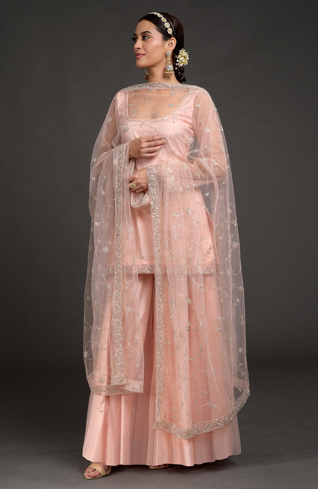 Nude pink tulle sharara set with zardozi embroidery and sheer sleeves with floral dupatta