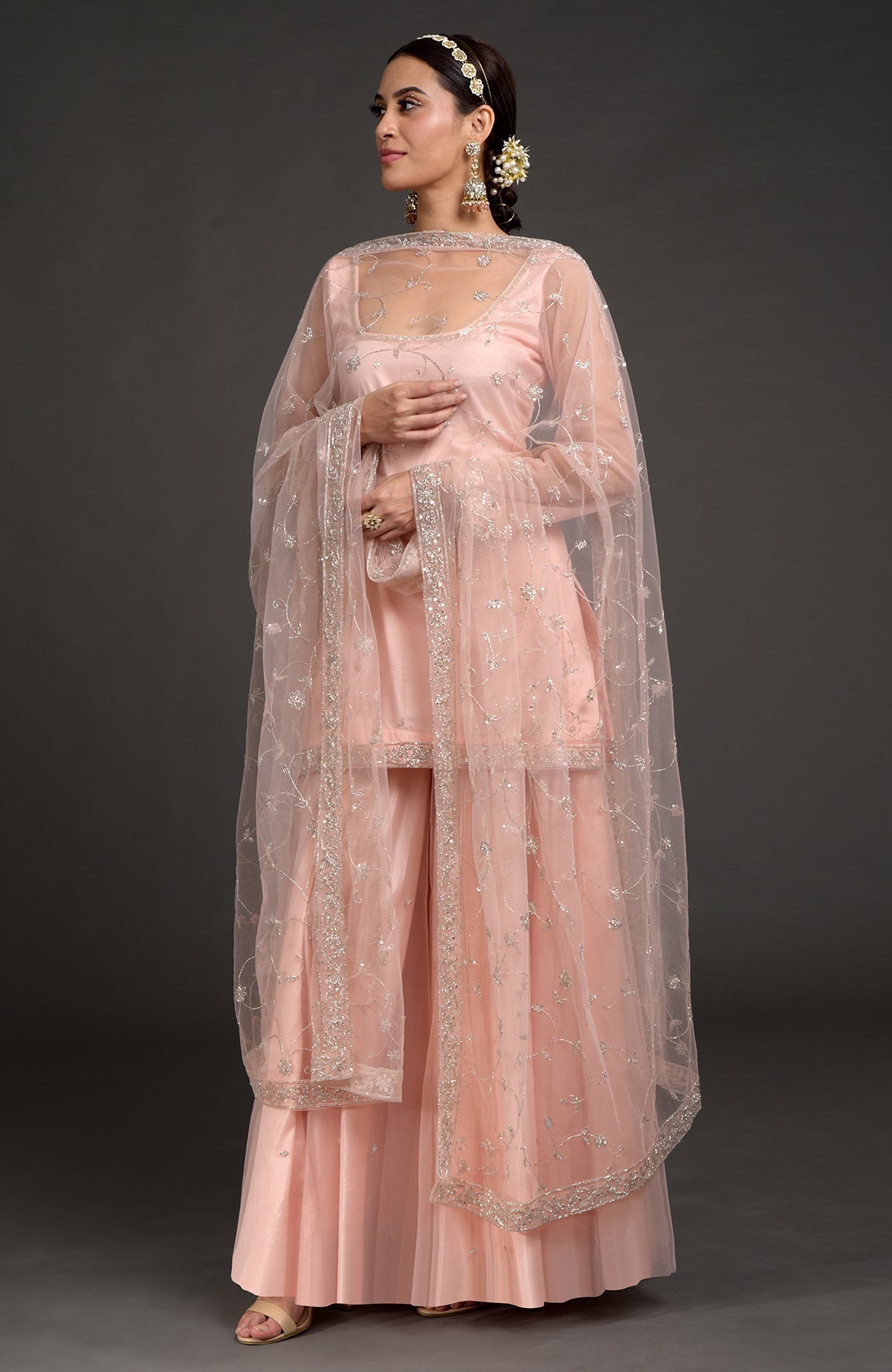 Nude pink tulle sharara set with zardozi embroidery and sheer sleeves with floral dupatta