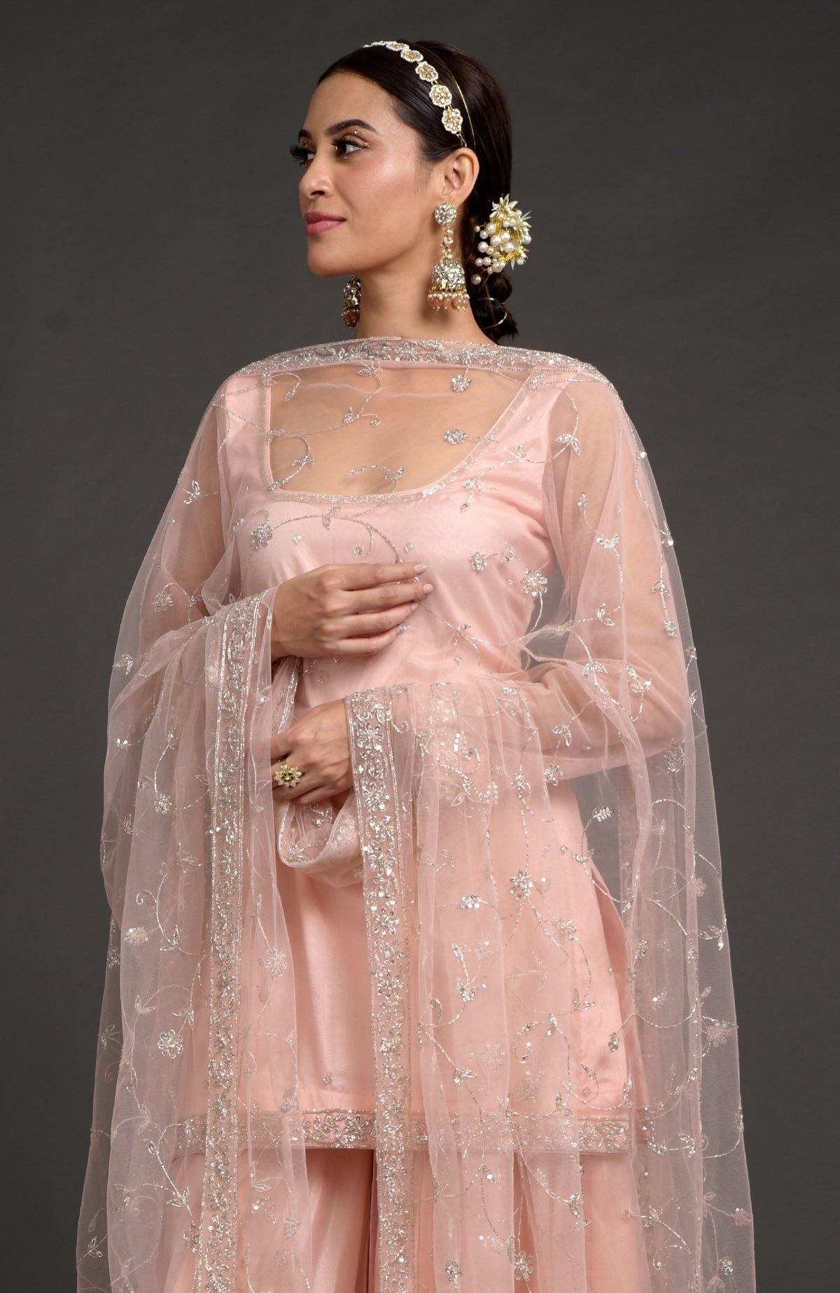 Nude pink tulle sharara set with zardozi embroidery, scoop neckline kurta, and floral dupatta.