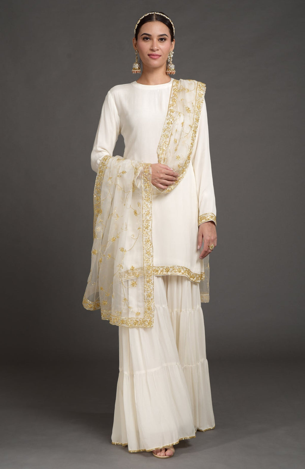 Ivory crepe silk gharara set with gold zardozi bead and sequin hand embroidery details
