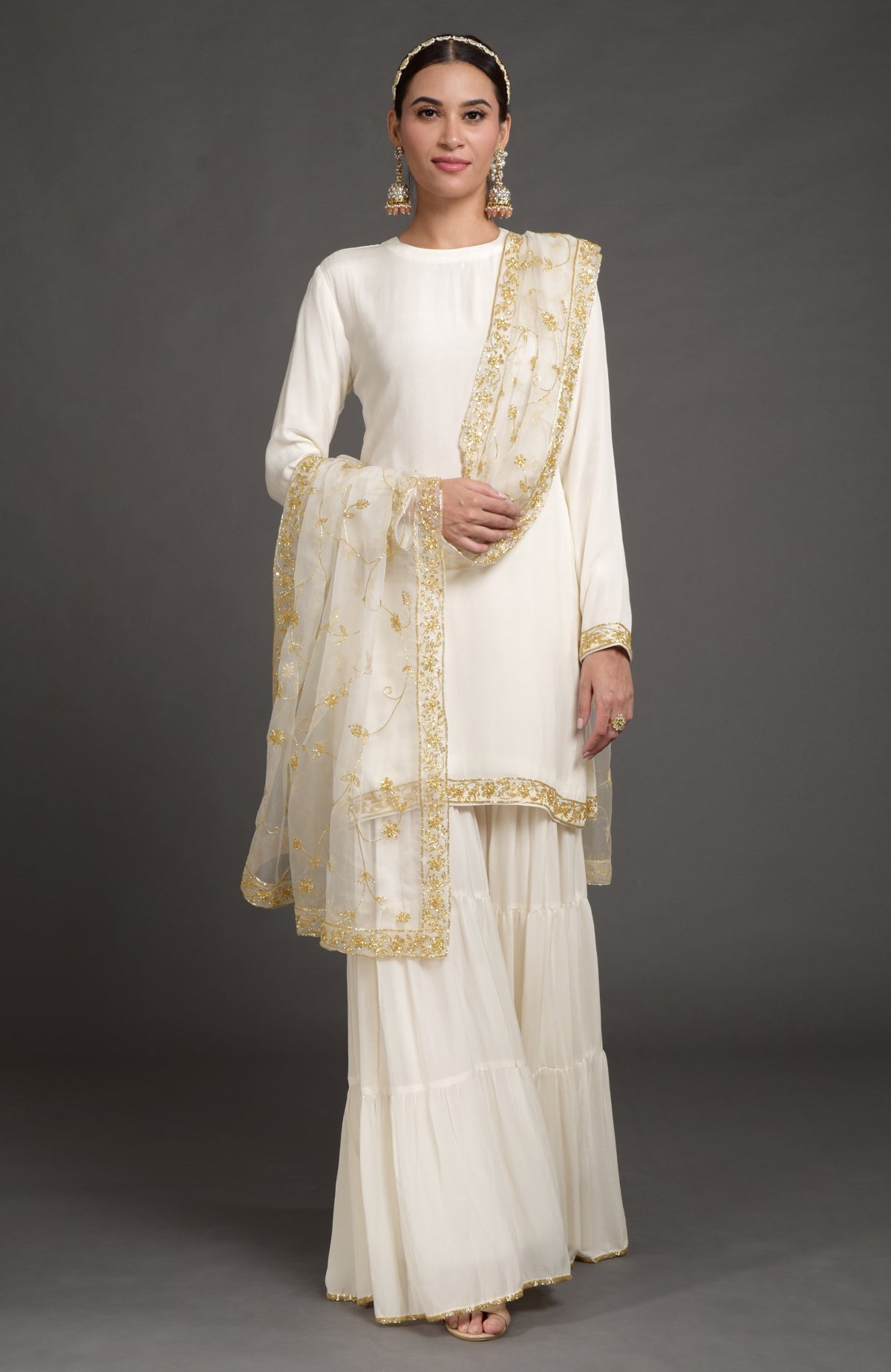 Ivory crepe silk gharara set with gold zardozi bead and sequin hand embroidery details