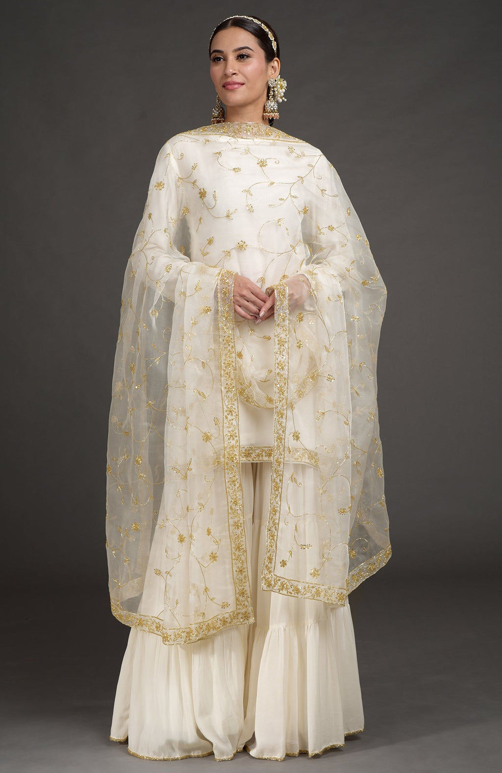 Ivory crepe silk gharara set with gold zardozi bead and sequin hand embroidery details