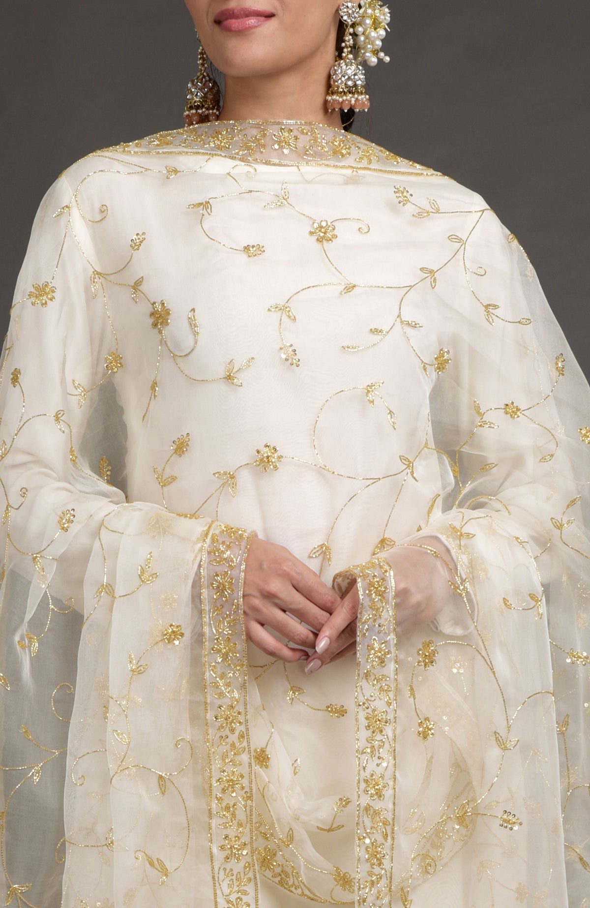 Ivory crepe silk gharara set with gold zardozi bead and sequin hand embroidery.