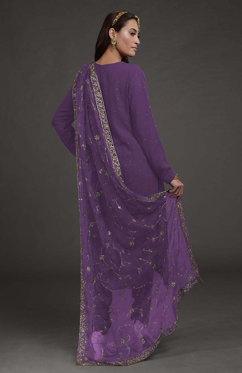 Amethyst mukaish-zardozi embroidered kurta set with a sheer dupatta.