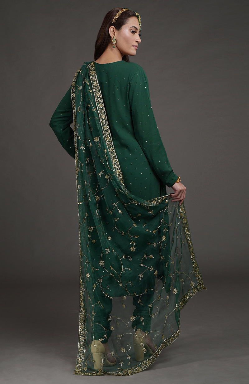 Emerald green georgette kurta with golden mukaish embroidery and organza dupatta with zardozi work
