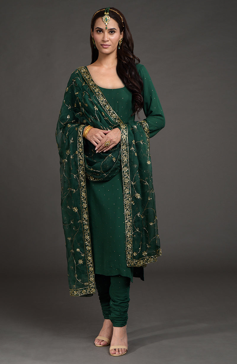 Emerald green georgette kurta set with golden mukaish and zardozi embroidered organza dupatta