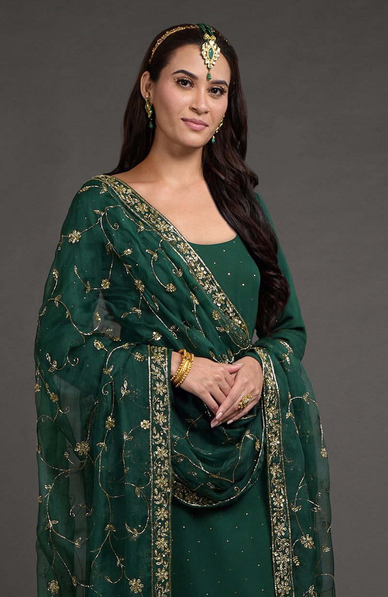 Emerald green georgette kurta with golden mukaish embroidery and organza dupatta with zardozi work