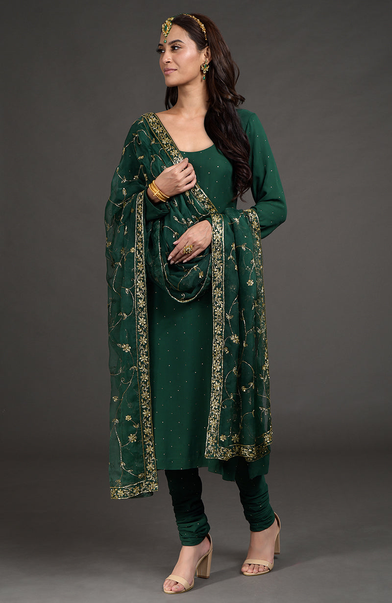 Emerald green georgette kurta with golden mukaish embroidery and zardozi embroidered organza dupatta