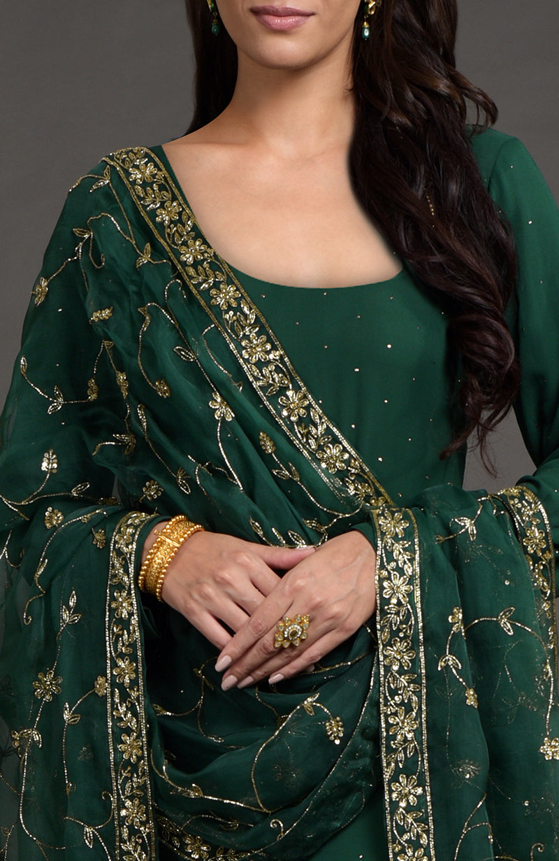 Emerald green georgette kurta with golden mukaish embroidery and zardozi dupatta with floral design