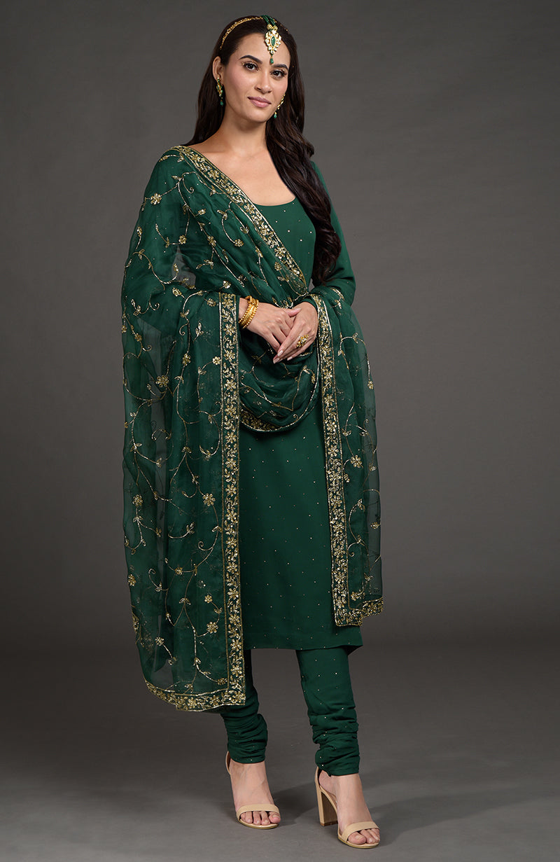 Emerald green georgette kurta with gold mukaish embroidery and organza dupatta with zardozi floral work
