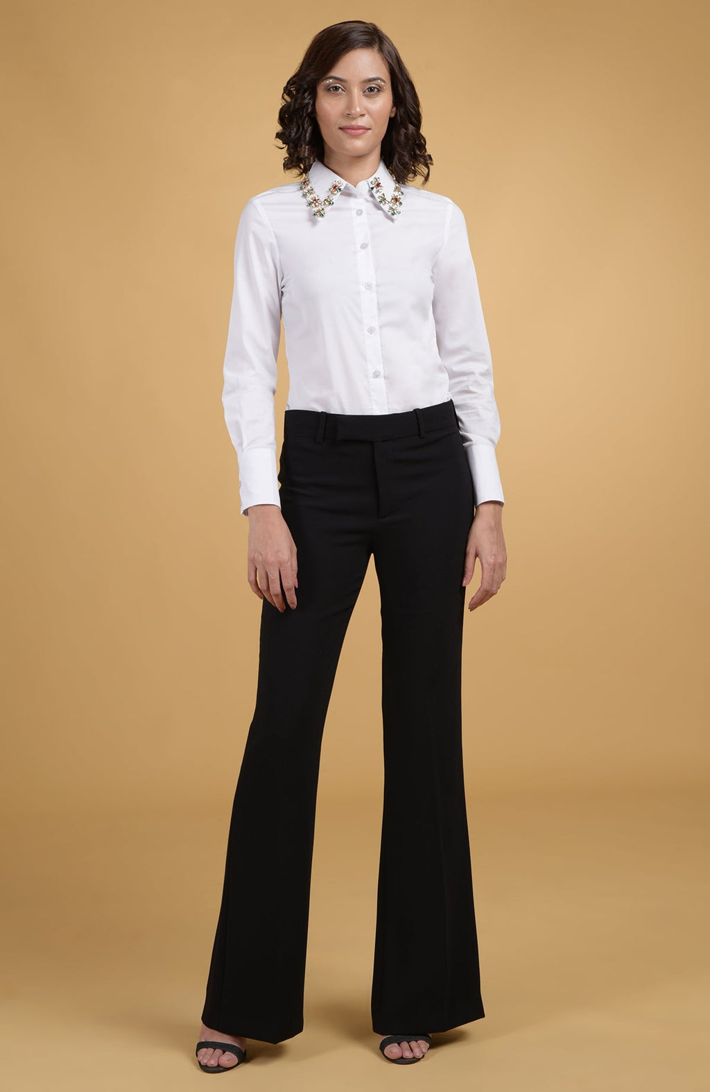 White shirt with hand embroidered ruby, emerald, and gold jeweled crystal collars