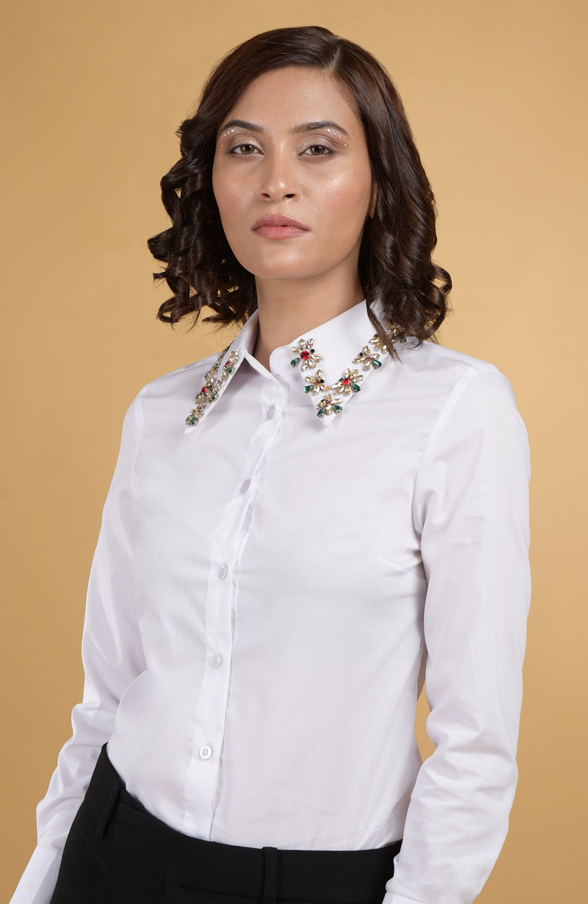 White shirt with hand embroidered ruby, emerald, and gold crystal jeweled collar
