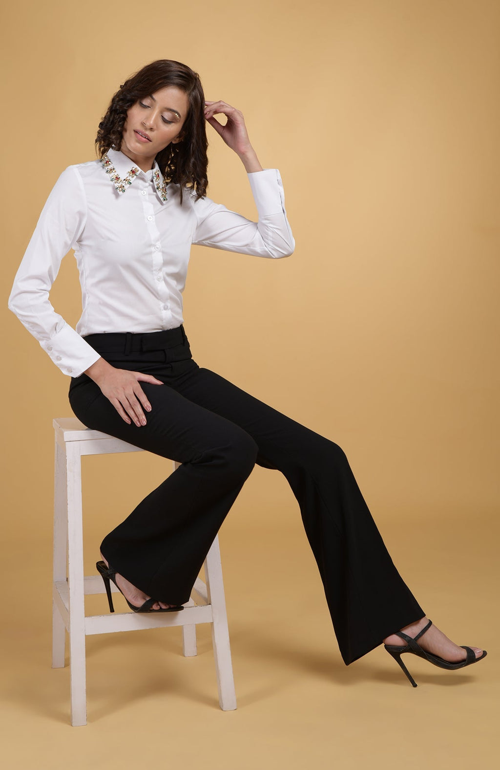 White shirt with hand embroidered ruby, emerald, and gold crystal jeweled collar
