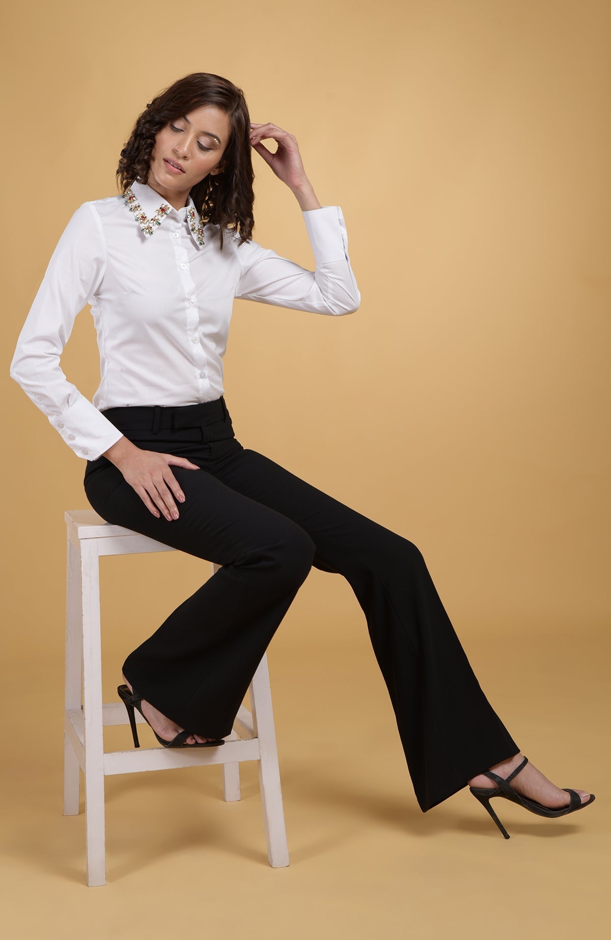 White shirt with hand embroidered ruby, emerald, and gold crystal jeweled collar
