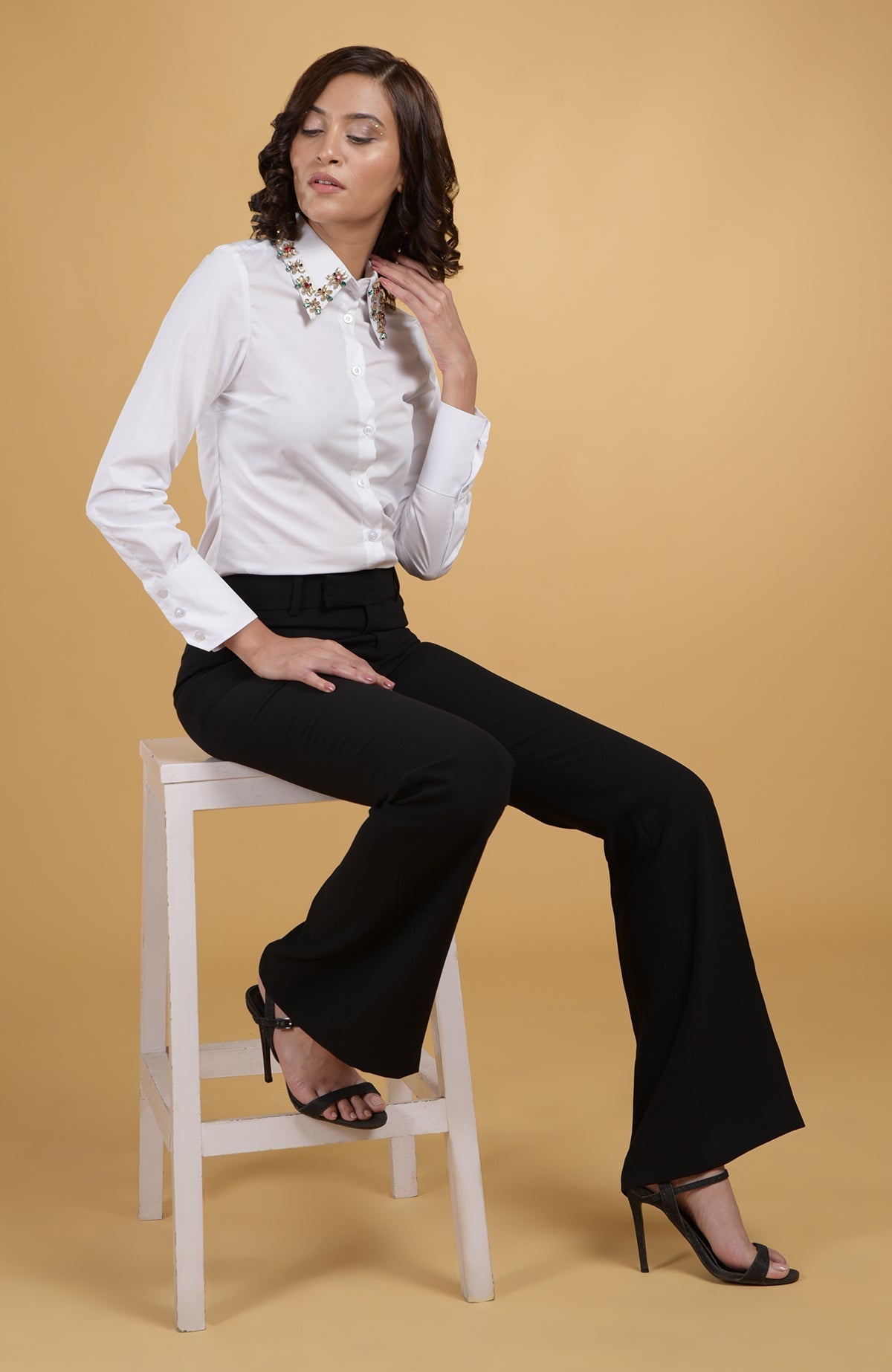 White shirt with ruby, emerald, and gold crystal hand-embroidered jeweled collar