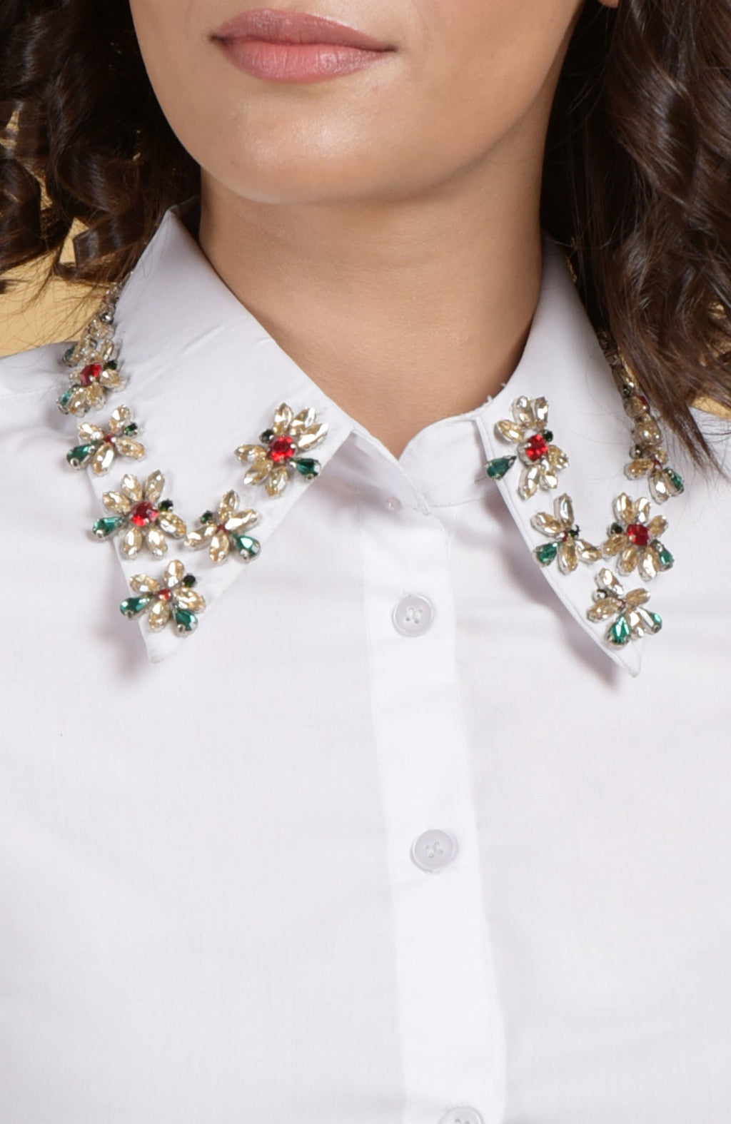 White shirt with ruby, emerald, and gold crystal hand-embroidered jeweled collar