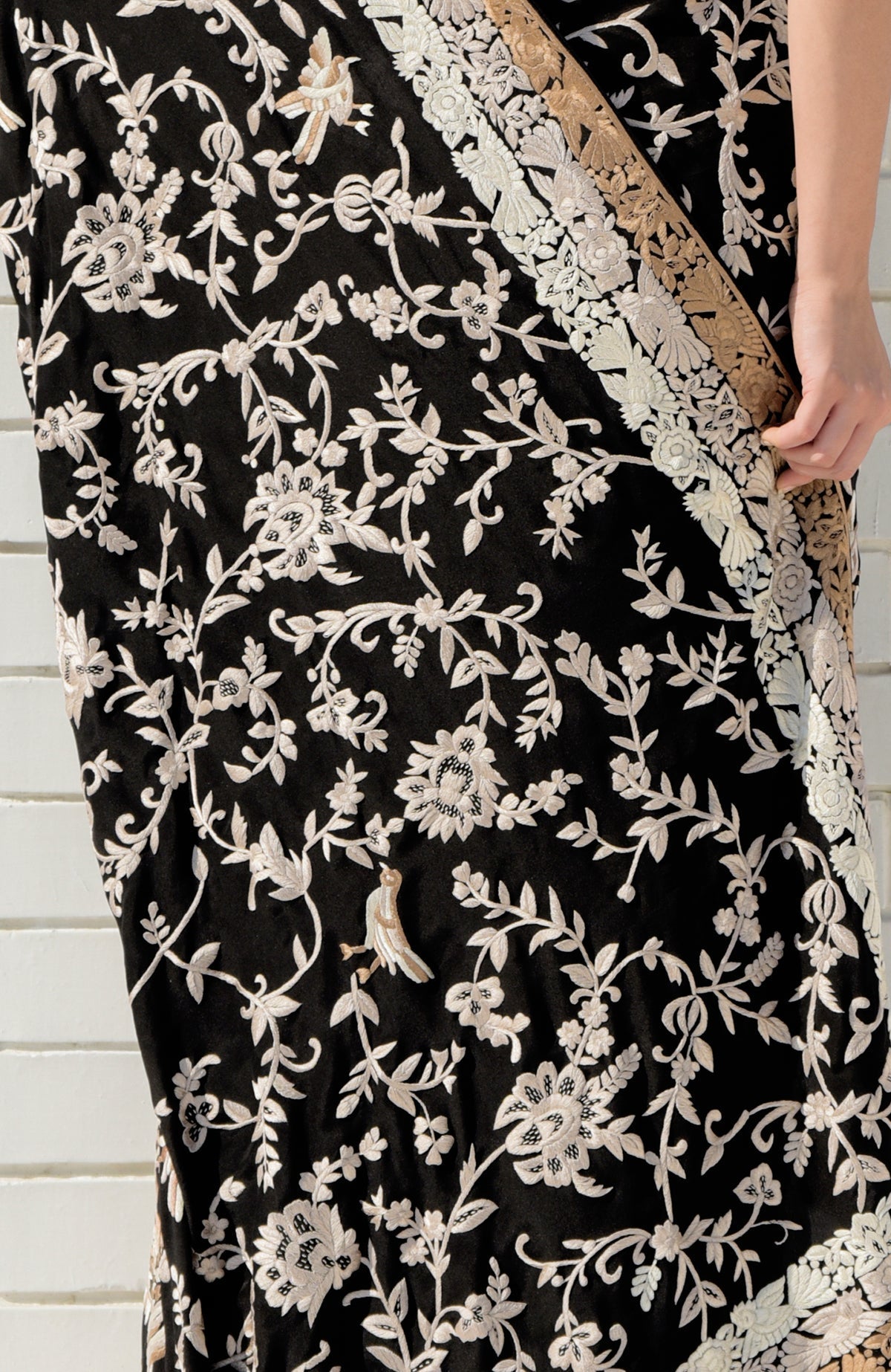 Black Pearl Parsi Gara saree with hand embroidered birds and floral motifs in pearl and beige tones