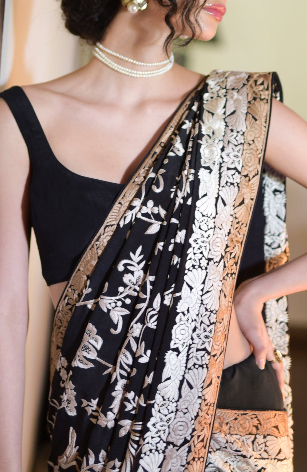 Black saree with hand embroidered Parsi Gara birds and floral motifs and three tier border