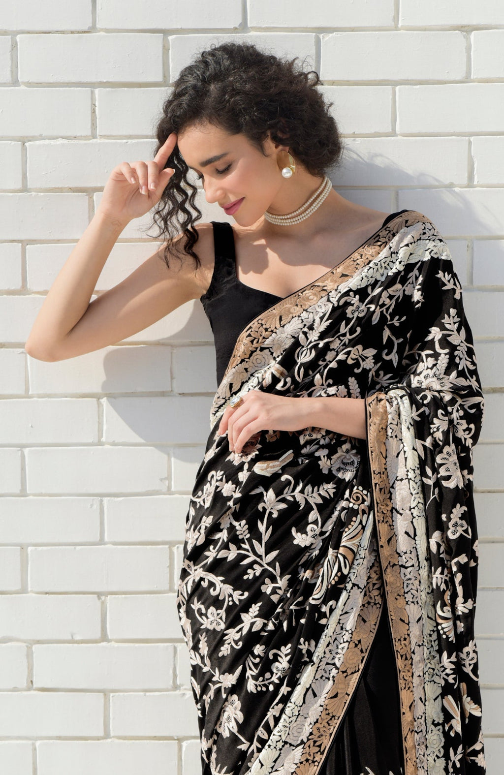 Black Pearl Masterpiece Parsi Gara saree with hand embroidered birds and floral motifs