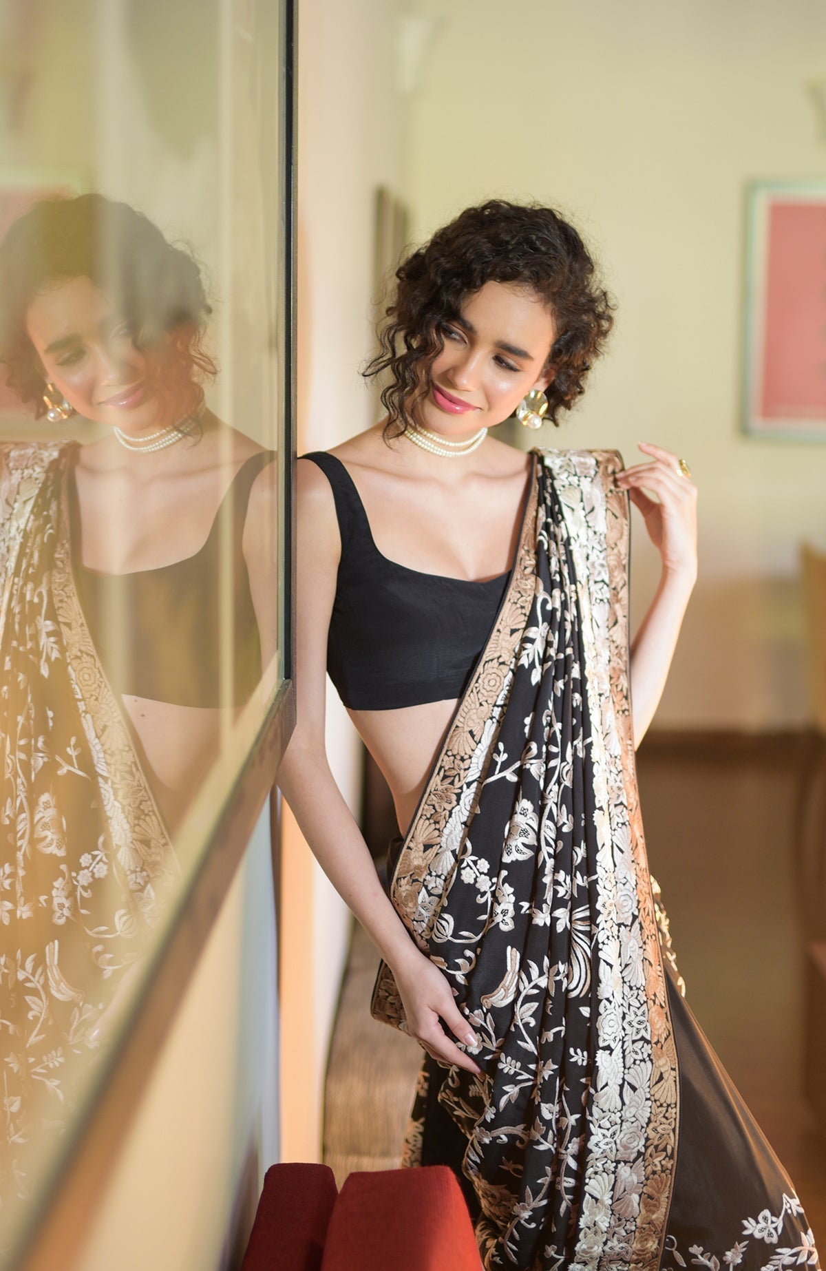 Black Pearl saree with hand embroidered Parsi Gara motifs and three tier border in pearl and beige tones
