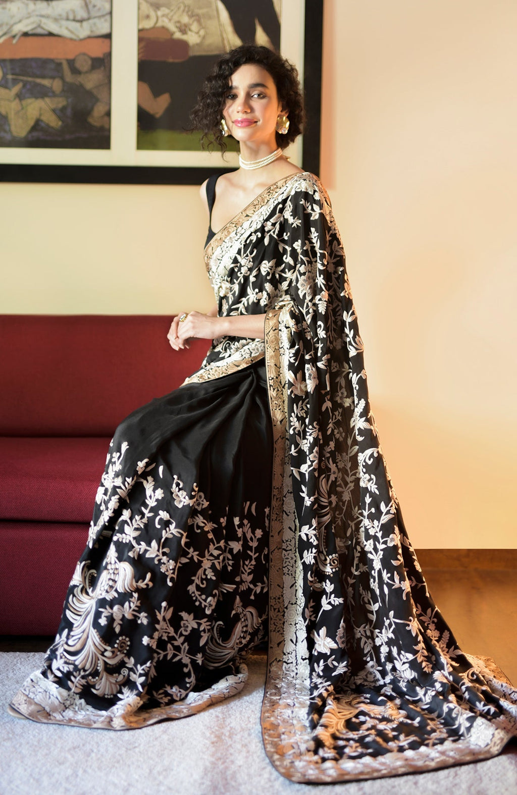 Black Pearl saree with hand embroidered Parsi Gara motifs and three tier border in pearl and beige colors