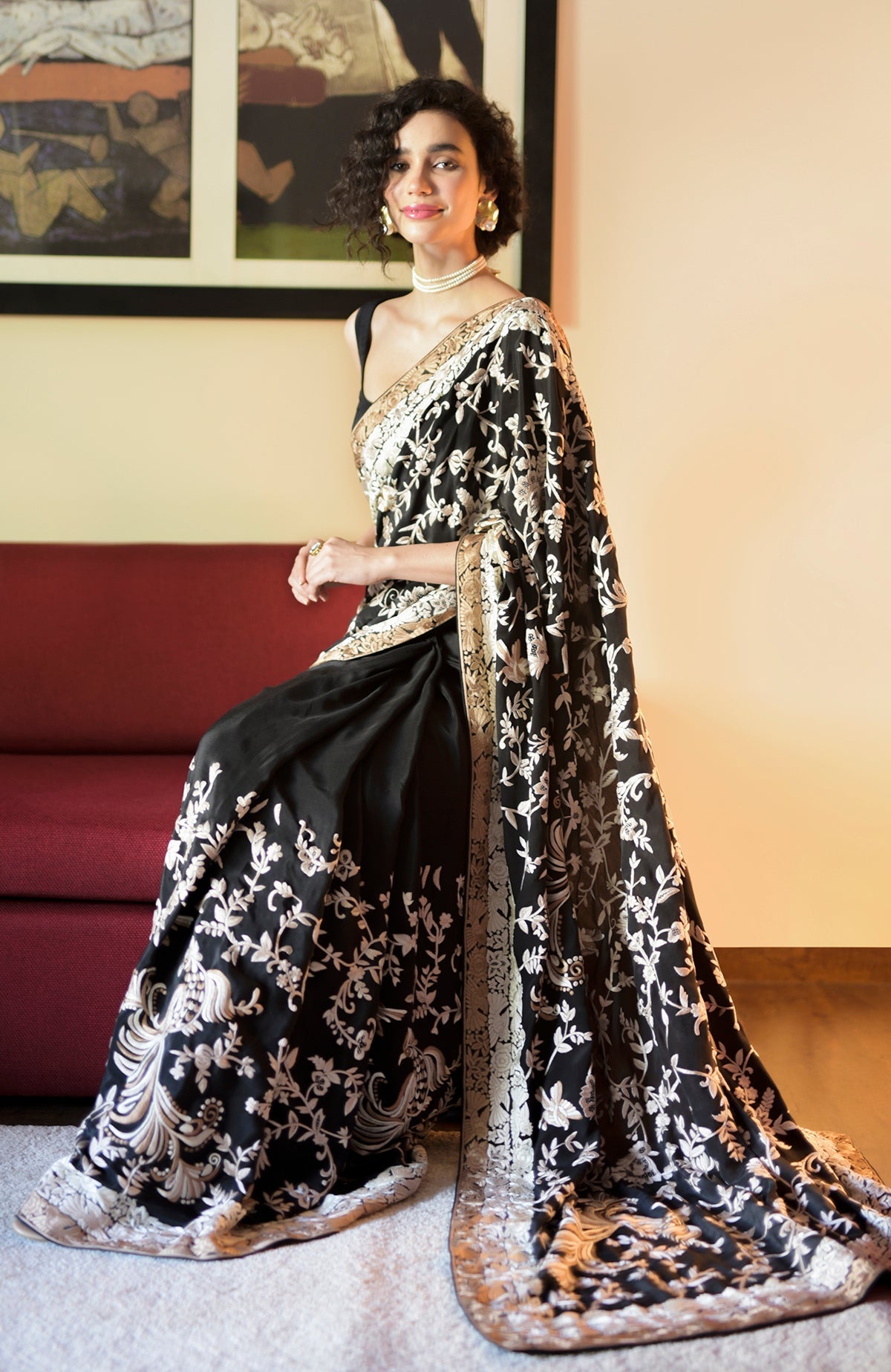 Black Pearl saree with hand embroidered Parsi Gara motifs and three tier border in pearl and beige colors