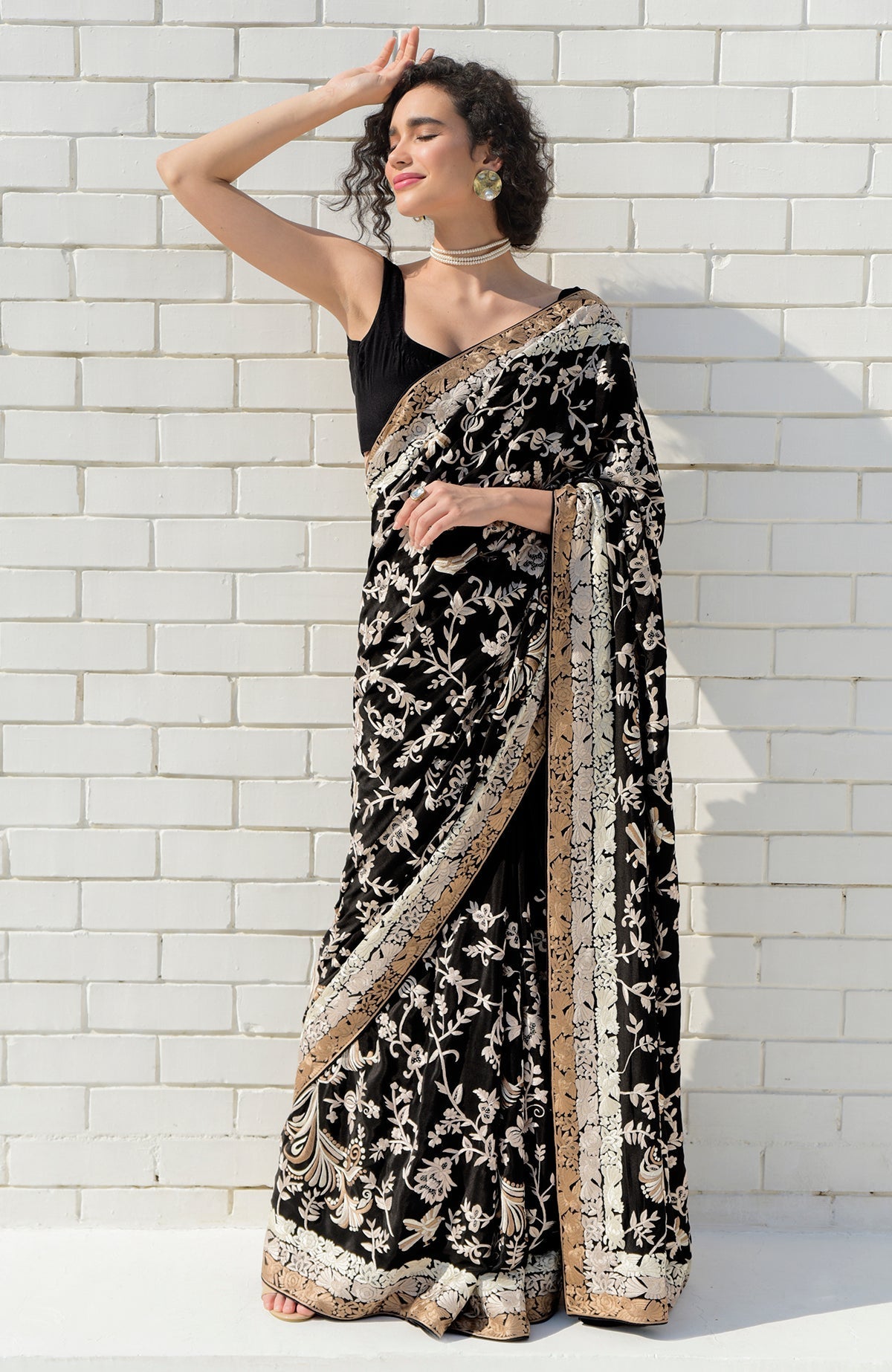 Black Pearl Masterpiece Parsi Gara saree with hand embroidered birds and floral motifs in pearl and beige tones