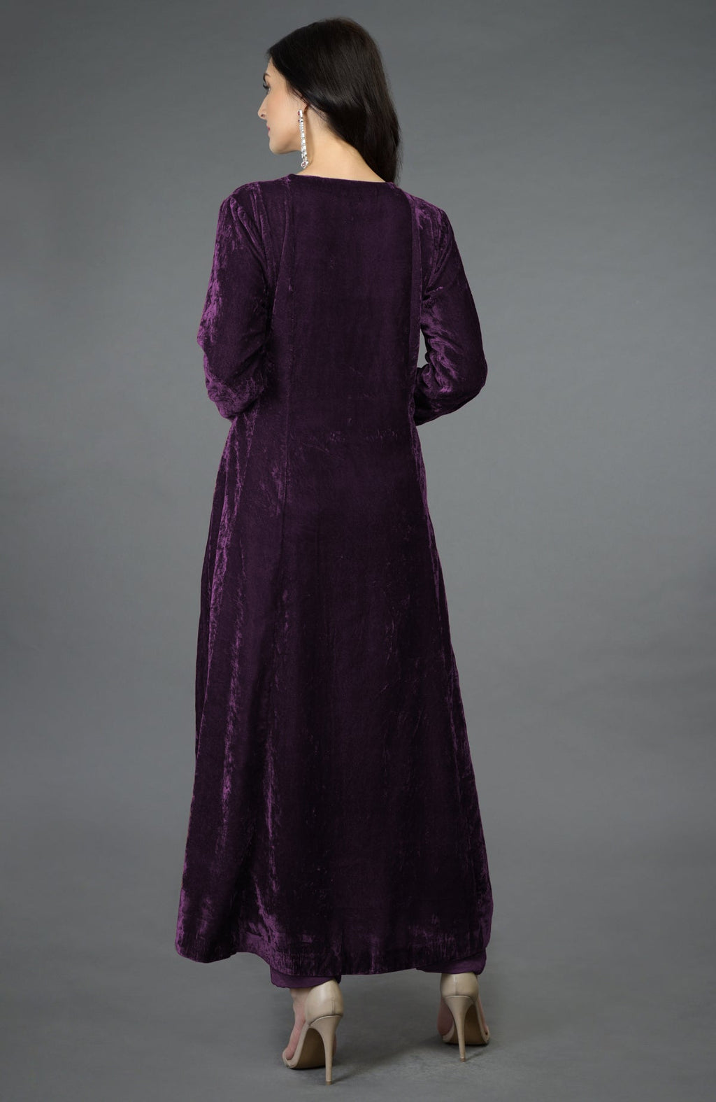 Plum purple silk velvet kalidaar kurta with Kashmiri hand embroidery and asymmetrical hemline