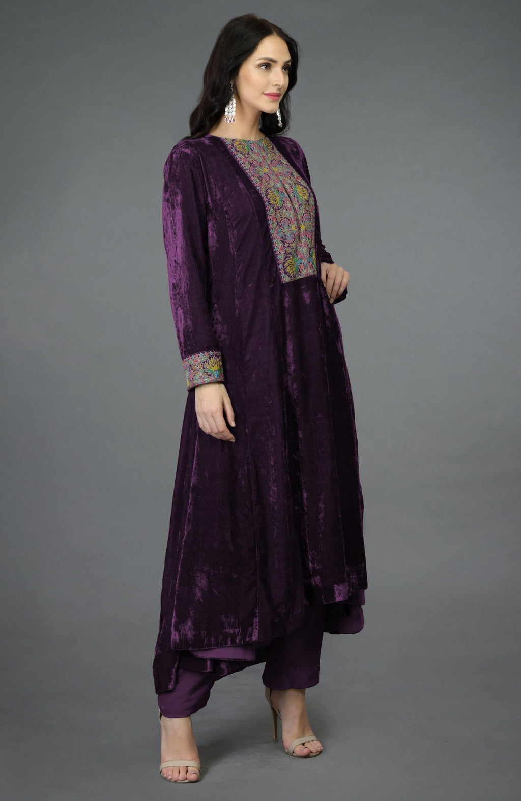 Plum purple silk velvet kalidaar kurta with Kashmiri hand embroidery and asymmetrical hemline