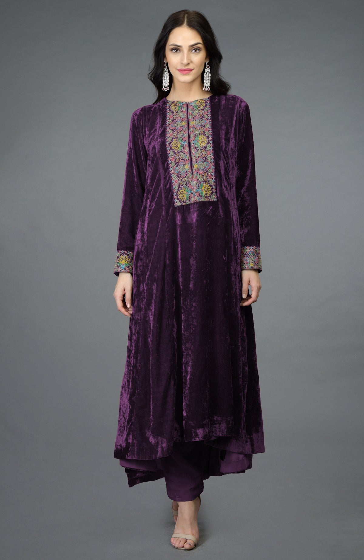 Cabernet silk velvet kalidaar kurta with multicolor Kashmiri hand embroidery and asymmetrical hemline