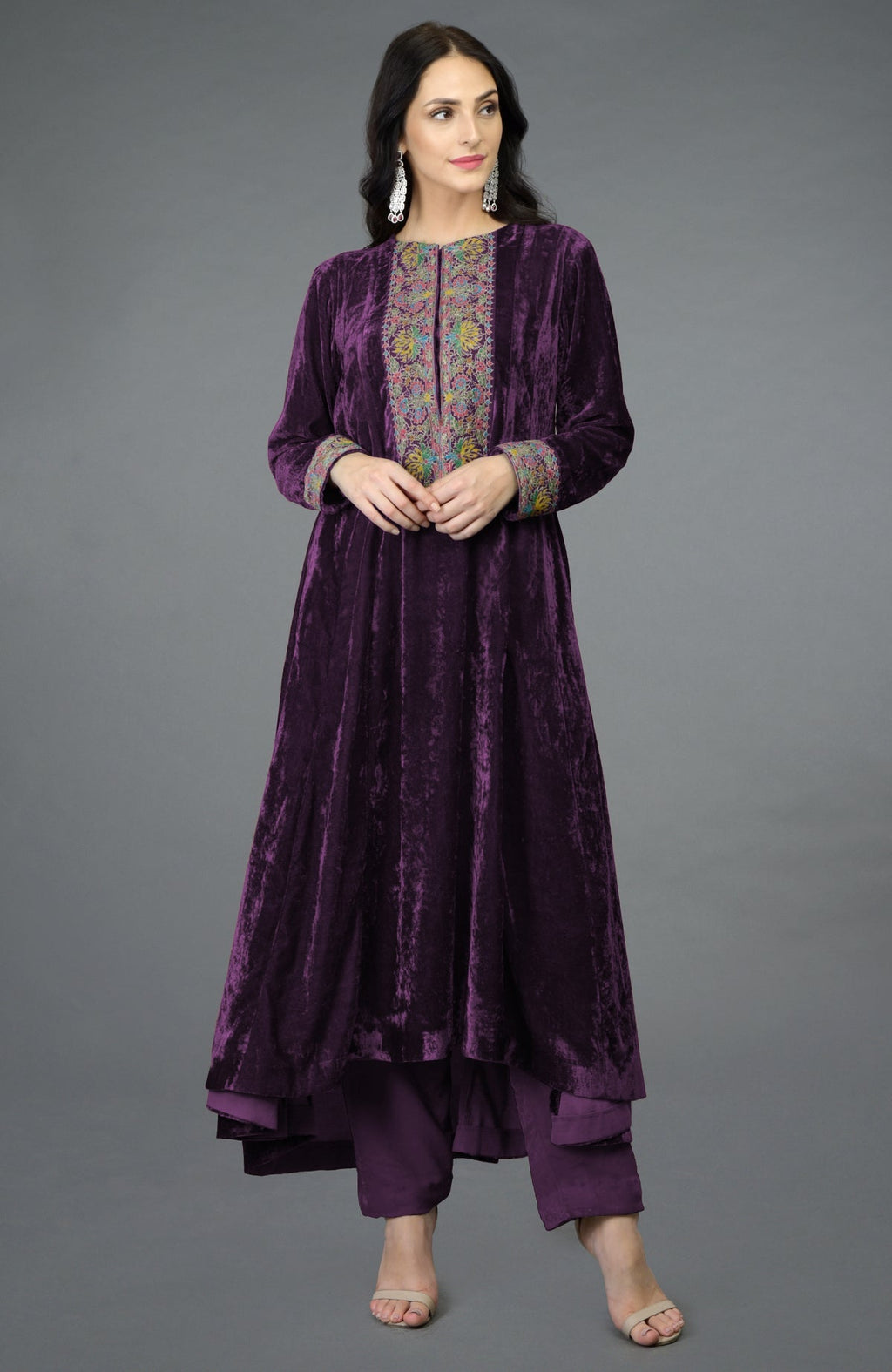 Plum purple silk velvet kalidaar kurta with Kashmiri hand embroidery and asymmetrical hemline