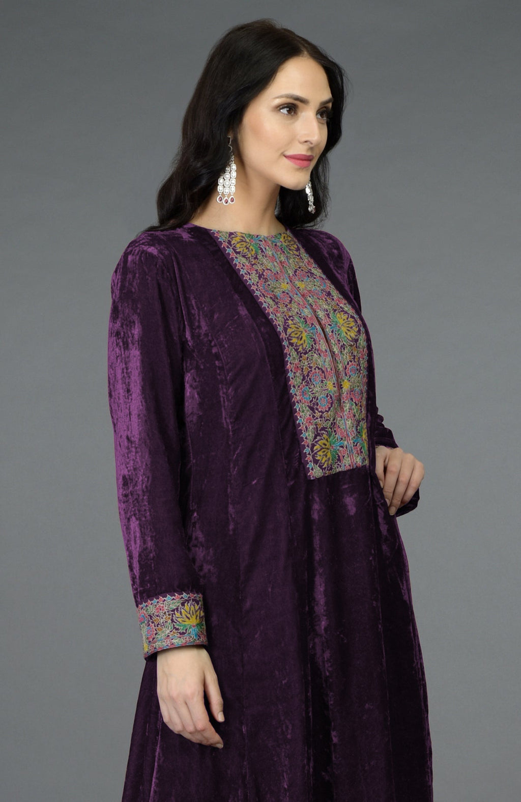Plum purple silk velvet kalidaar kurta with Kashmiri hand embroidery and asymmetrical hemline