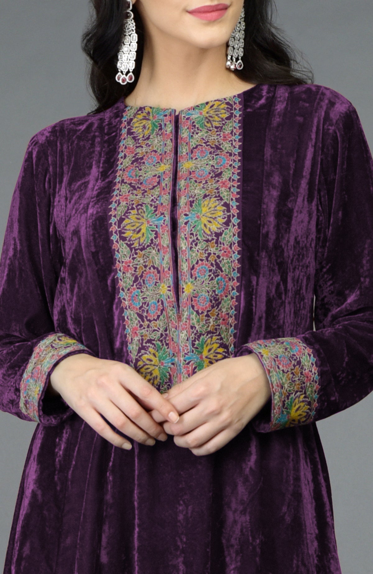 Plum purple silk velvet kalidaar kurta with hand embroidered neckline and sleeves