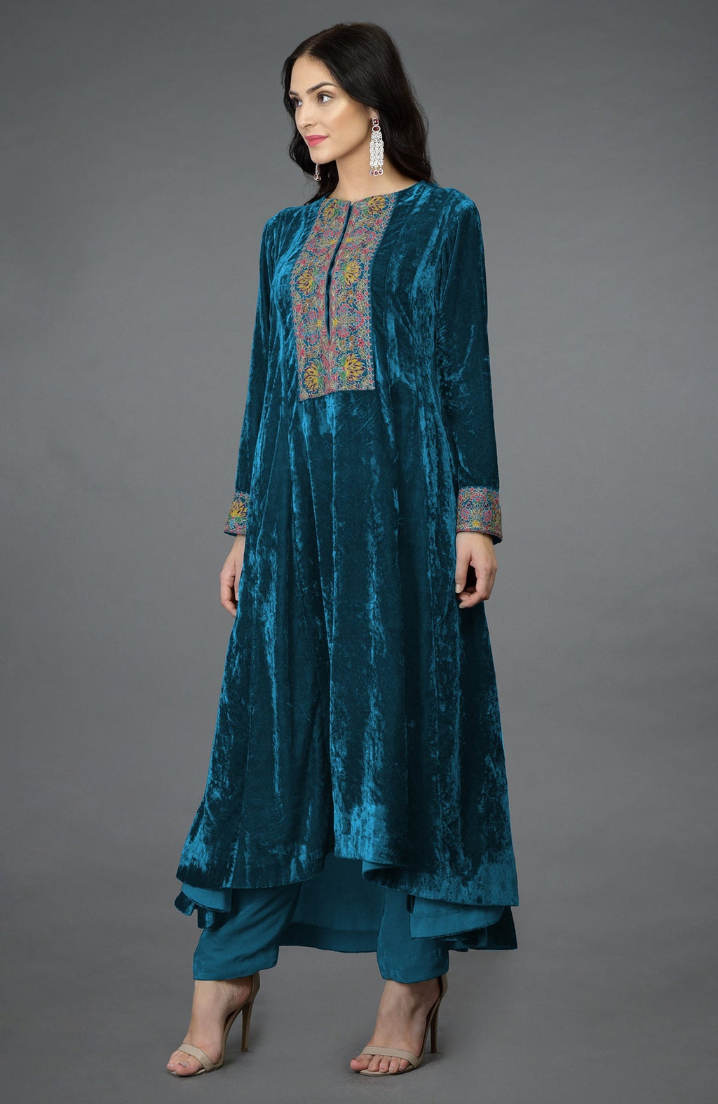 Seaport blue silk velvet kalidaar kurta with Kashmiri hand embroidery on neckline and sleeves
