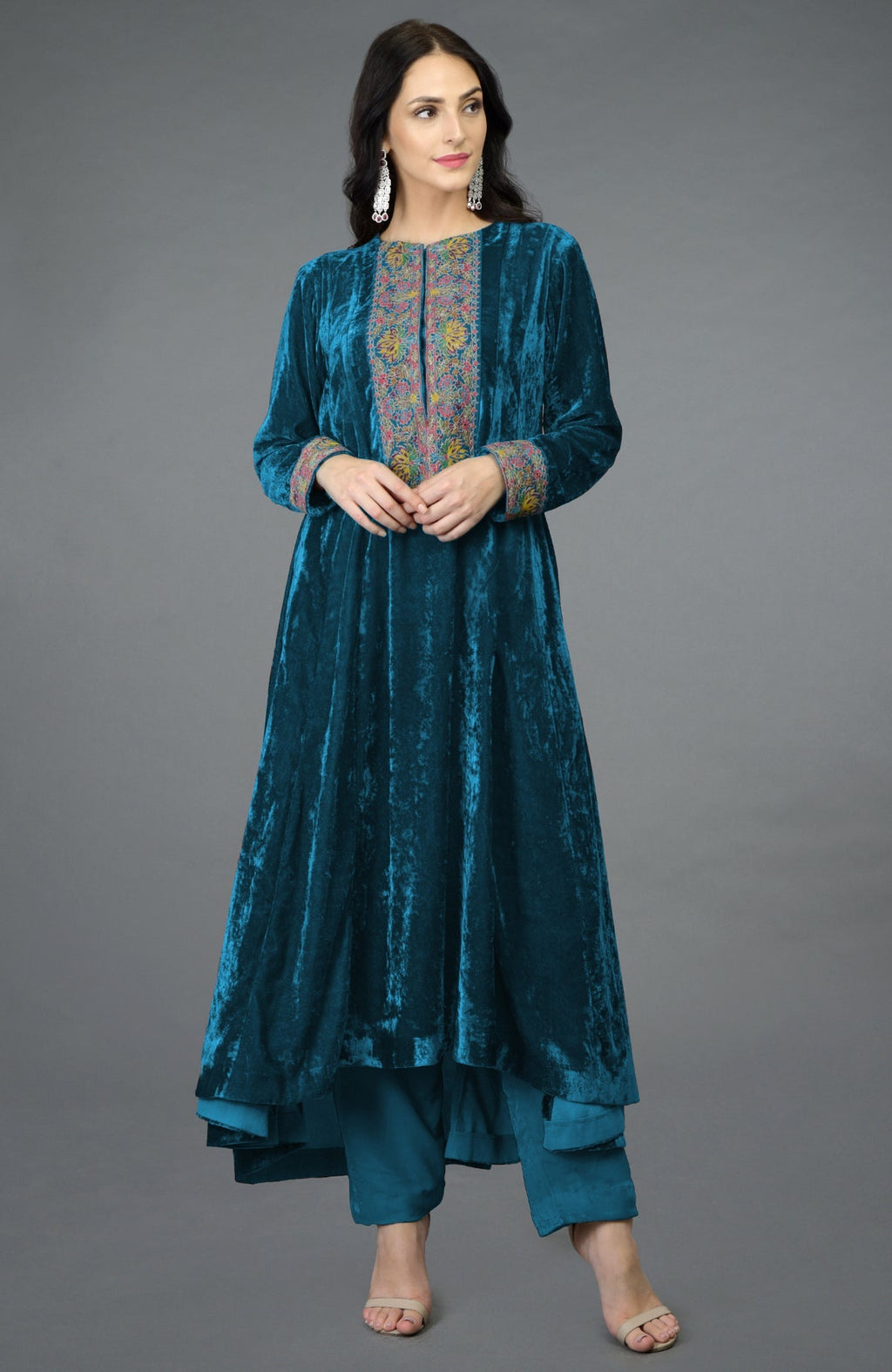 Seaport blue silk velvet kalidaar kurta with multicolor Kashmiri hand embroidery and asymmetrical hemline