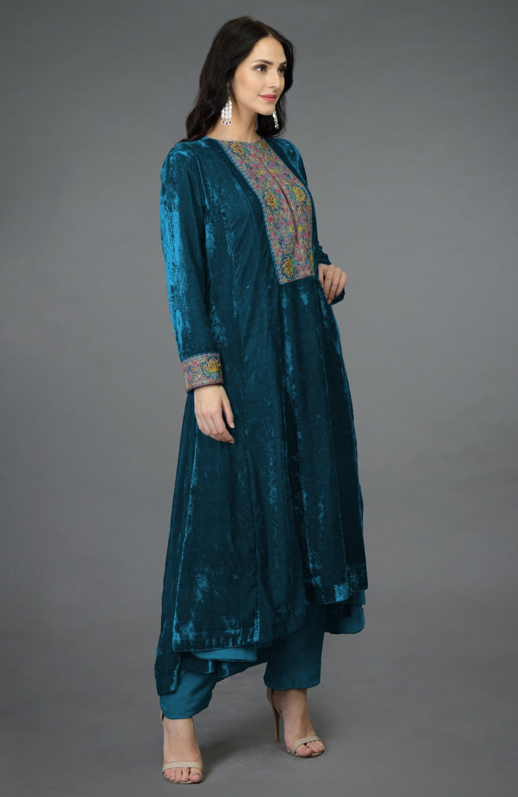 Seaport blue silk velvet kalidaar kurta with Kashmiri hand embroidery on neckline and sleeves