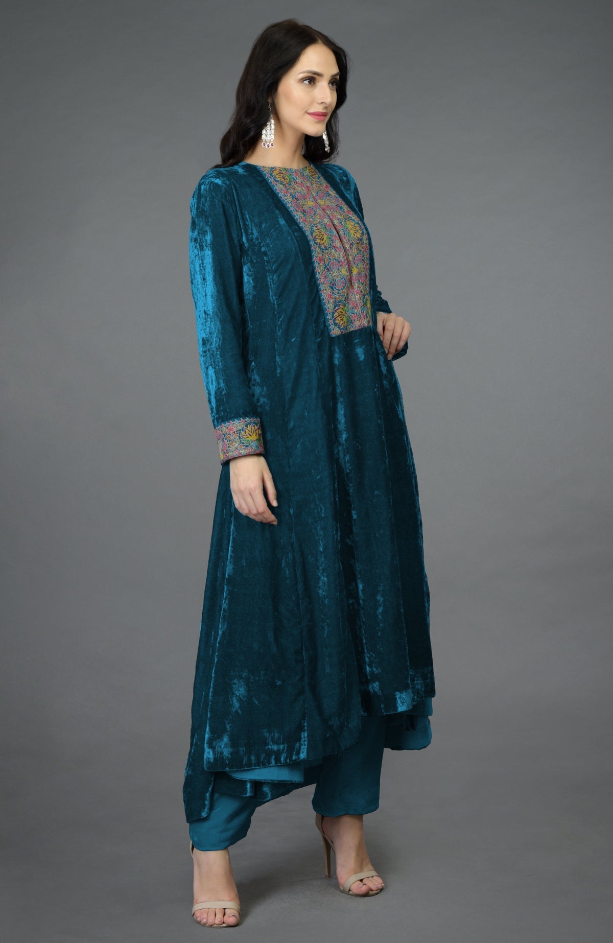 Seaport blue silk velvet kalidaar kurta with Kashmiri hand embroidery on neckline and sleeves