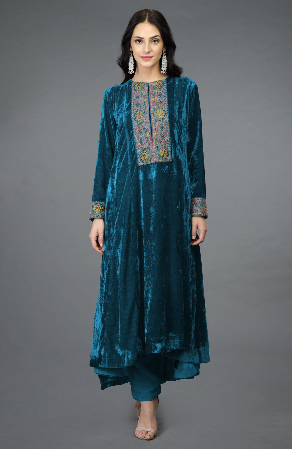 Seaport blue silk velvet kalidaar kurta with multicolor Kashmiri hand embroidery and asymmetrical hemline