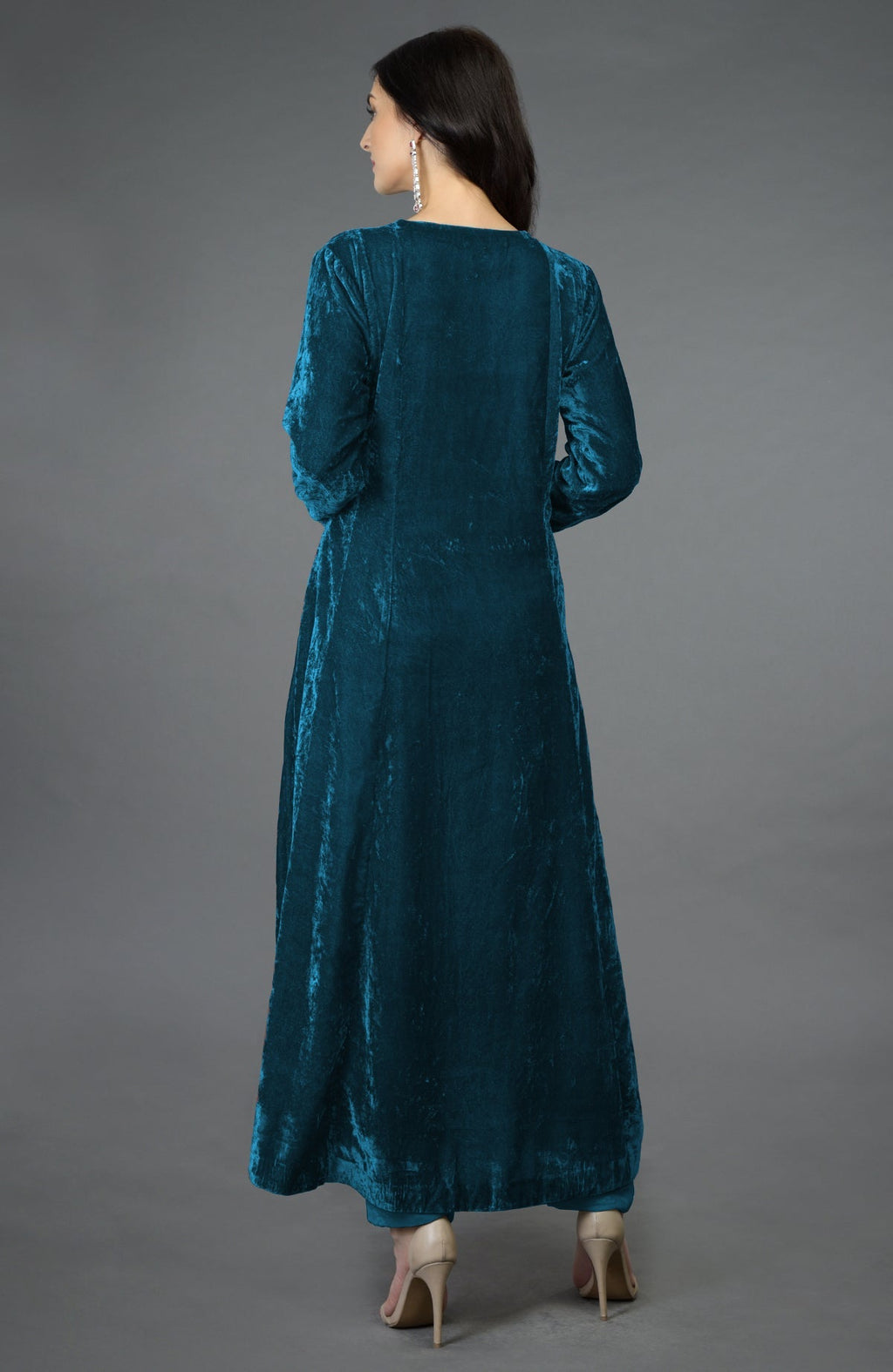 Seaport blue silk velvet kalidaar kurta with multicolor Kashmiri hand embroidery and asymmetrical hemline