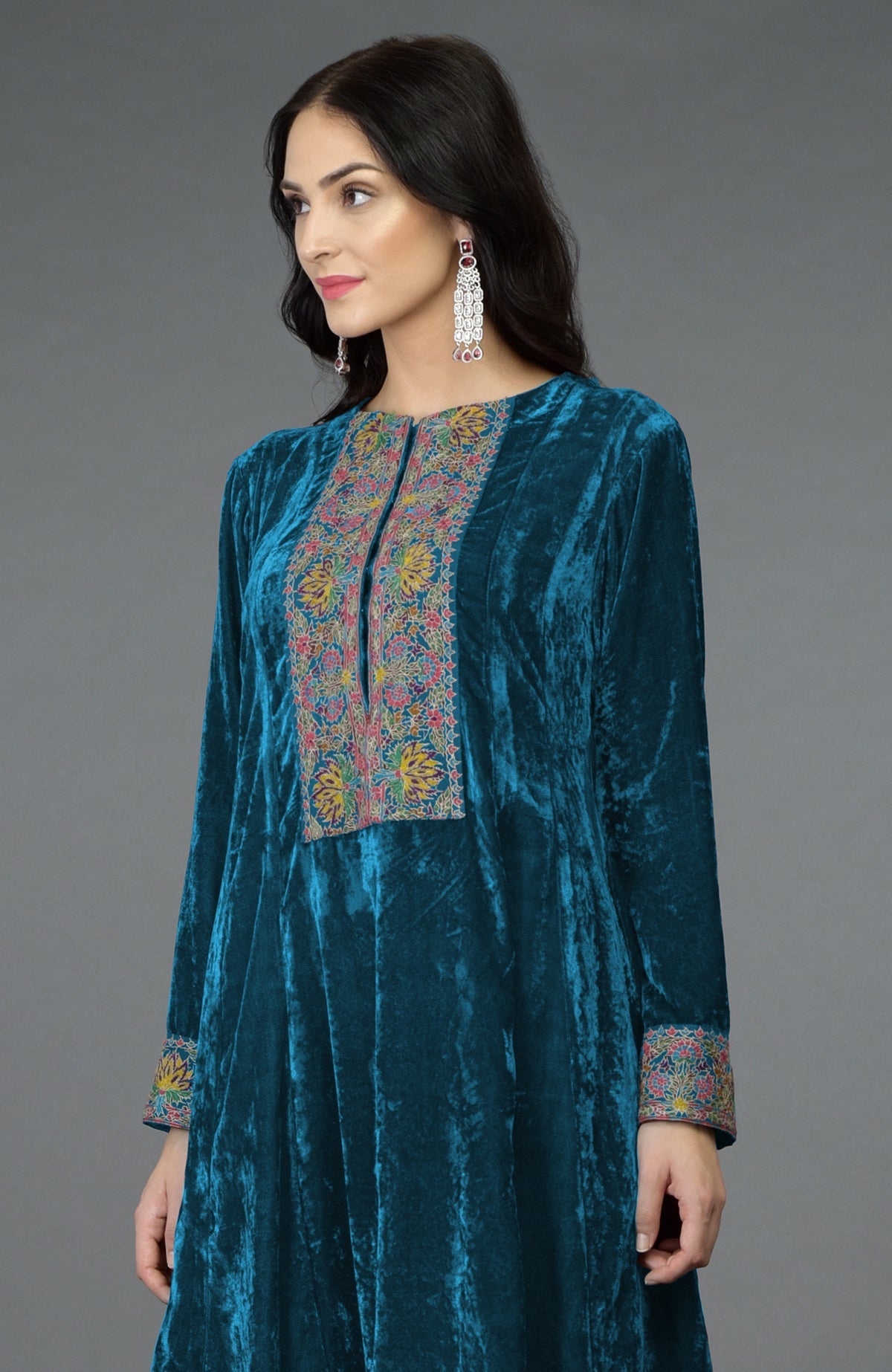 Seaport blue silk velvet kalidaar kurta with Kashmiri hand embroidery and asymmetrical hemline