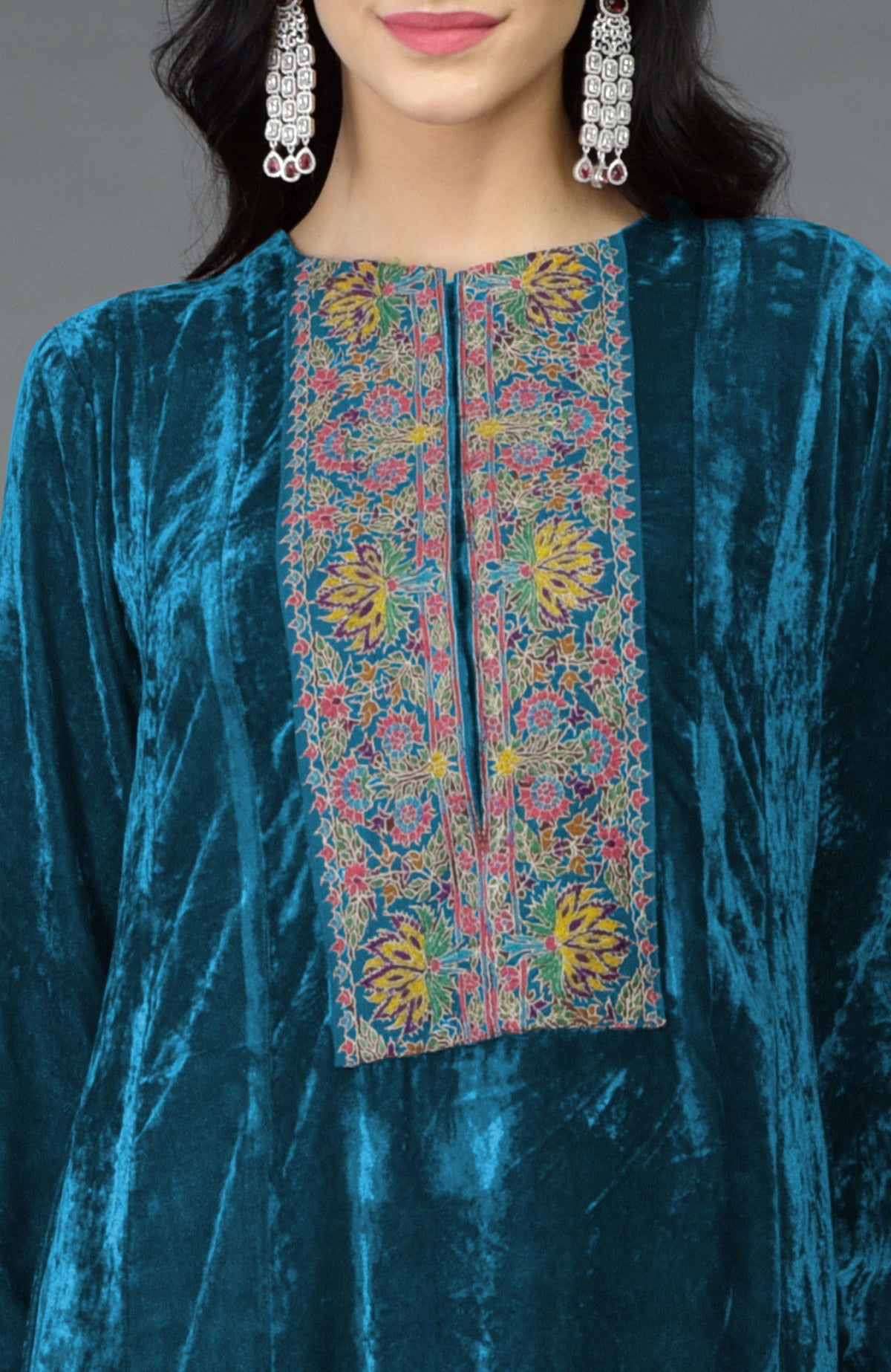 Seaport blue silk velvet kalidaar kurta with Kashmiri hand embroidery and asymmetrical hemline