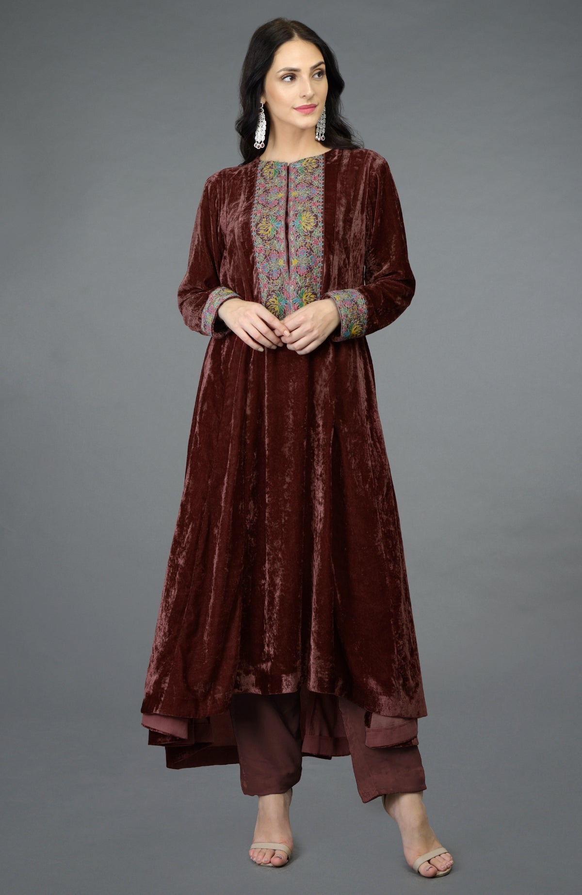 Seaport blue silk velvet kalidaar kurta with Kashmiri hand embroidery on neckline and sleeves